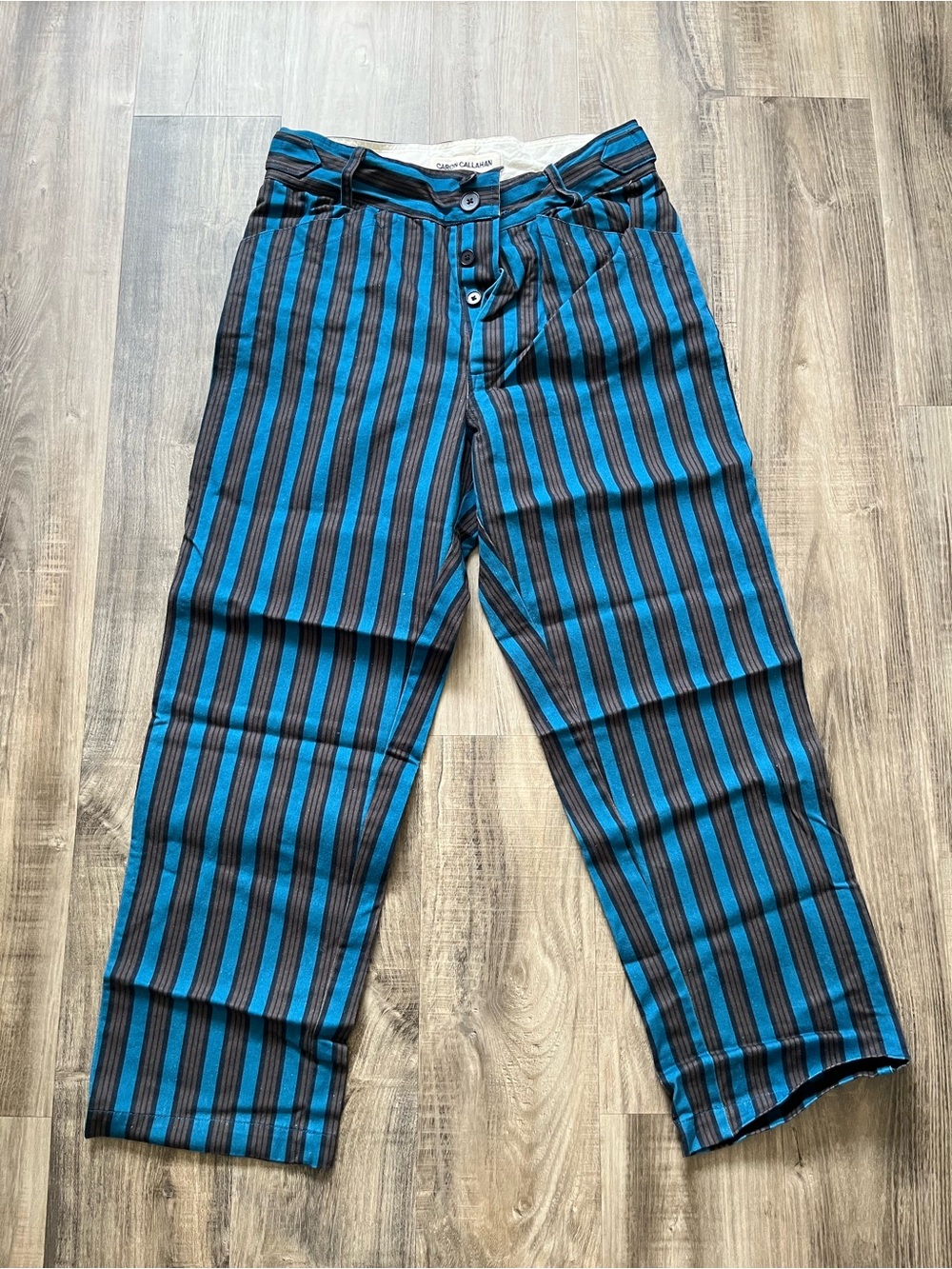 Caron Callahan Teal and Brown Striped Trousers